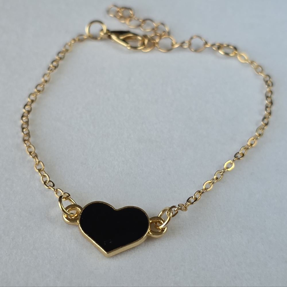 Black And Gold Enamel Heart Charm Bracelet Fashion Jewelry Adjustable Length